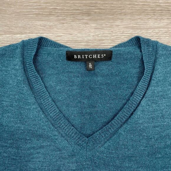 Britches Mens Wool Sweater Tight Knit Pullover V-Neck Blue Sz XL - Picture 2 of 7